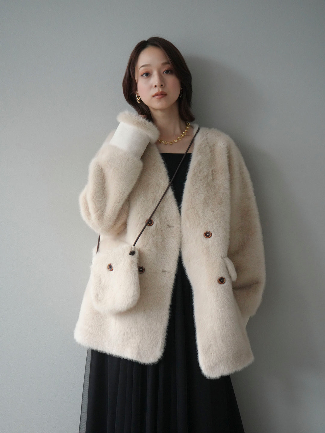 [SET]バッグ付エコファーノーカラーコート+チュールボリュームスカート(2set)