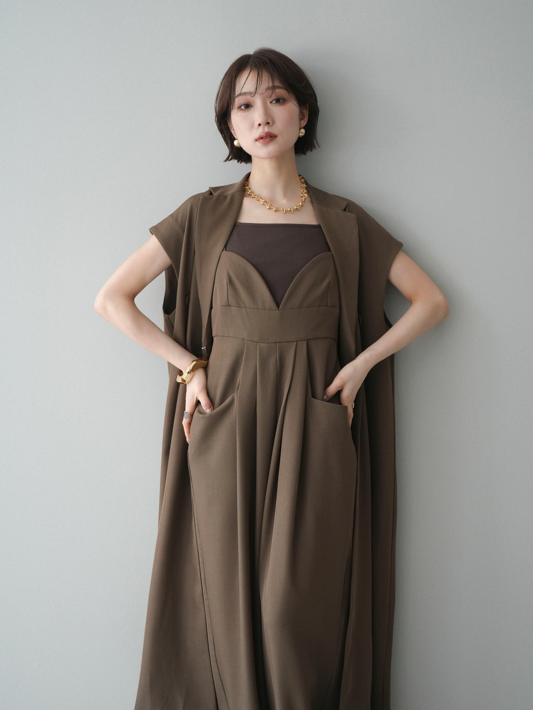 [予約]フレンチスリーブロングジレ/brown