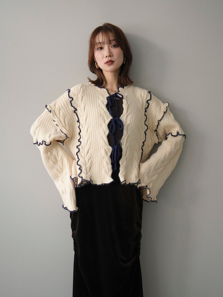 [SET]フロントリボン配色メローニットカーディガン+ギャザーベロアスカート(2set)