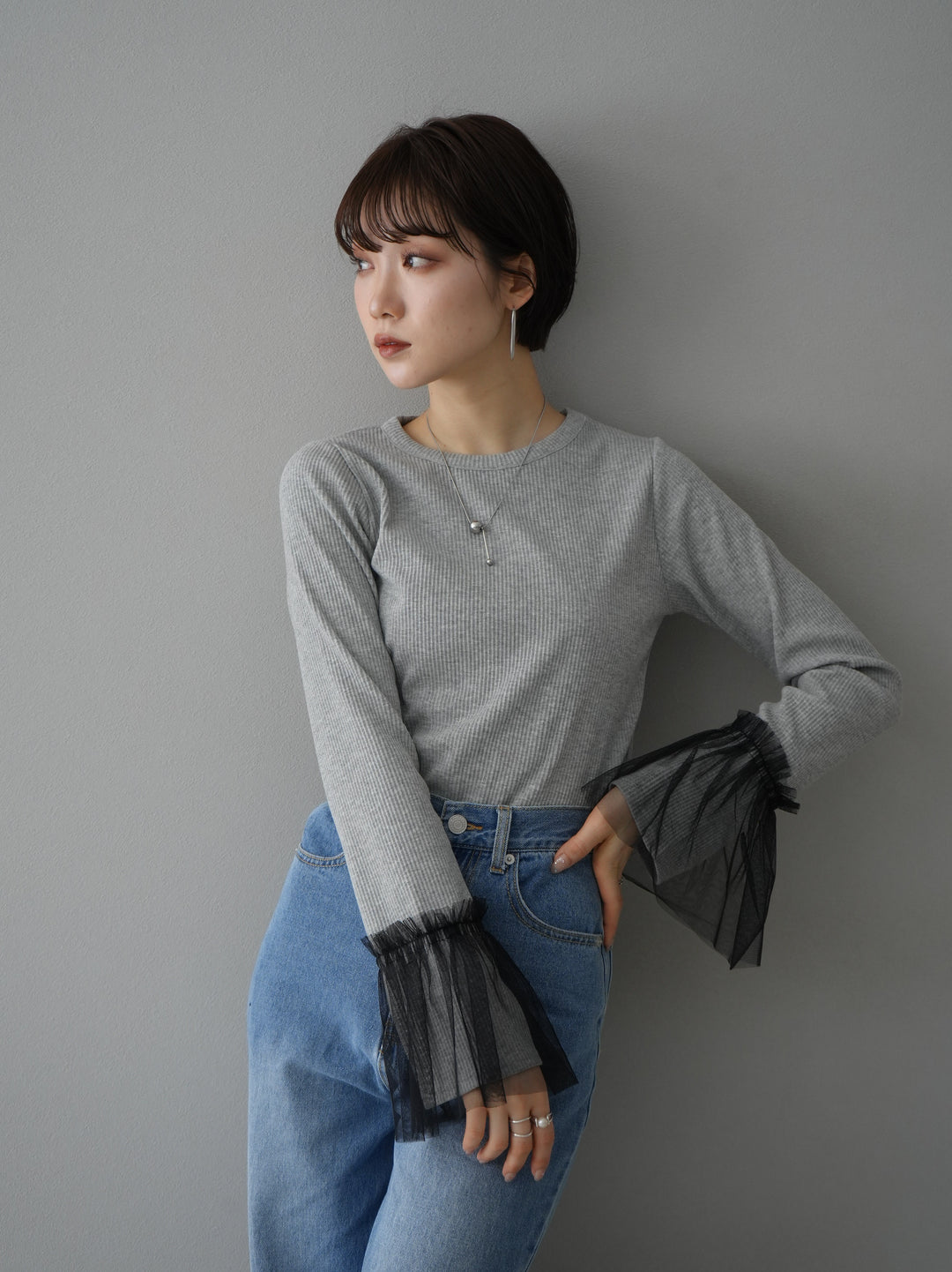 [Pre-order] Tulle cuff ribbed cut and sew/gray