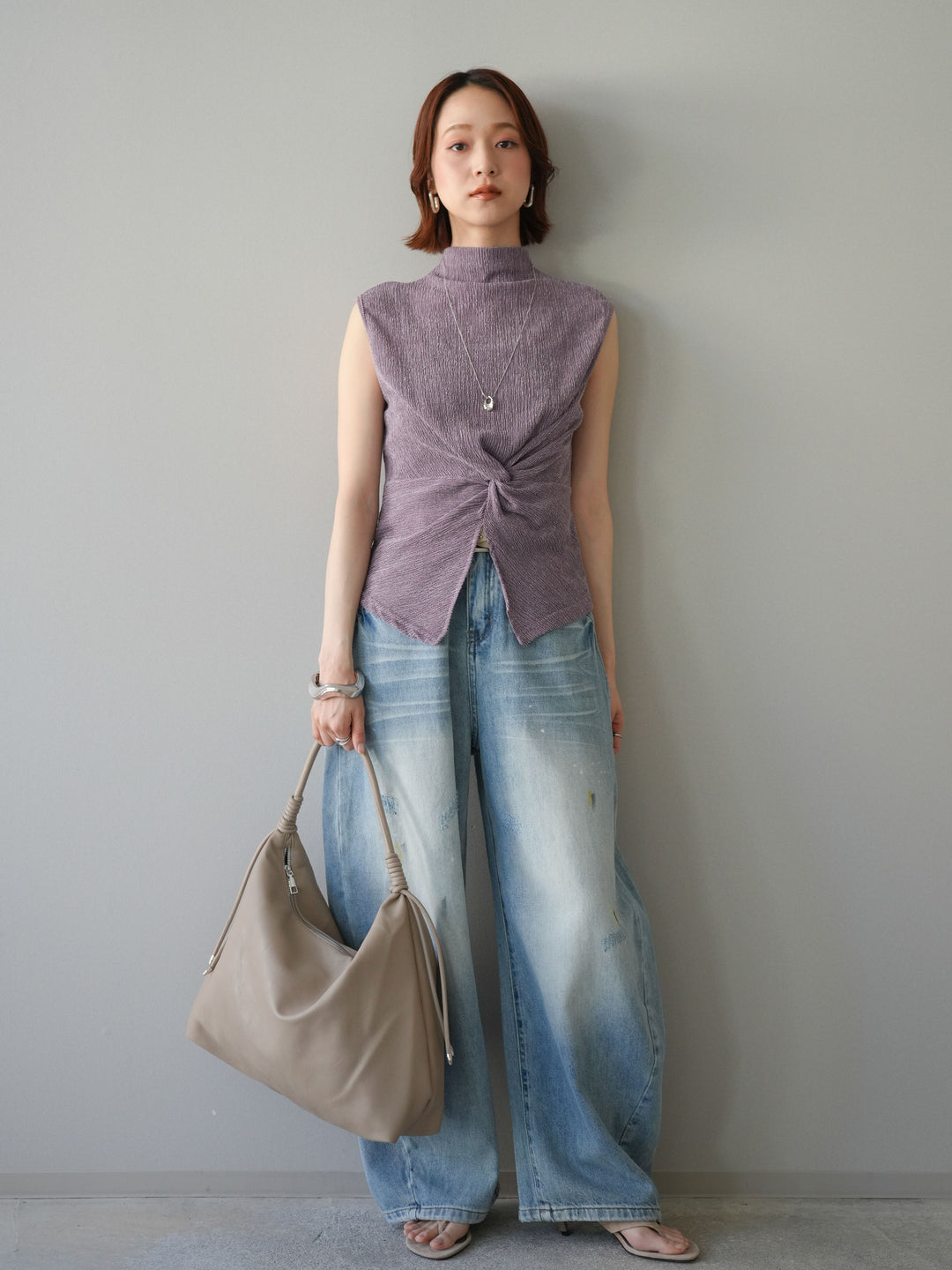 [予約]ベルト付ペイント加工カーブデニムパンツ/lightblue