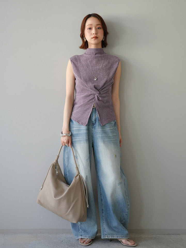[予約]ベルト付ペイント加工カーブデニムパンツ/lightblue