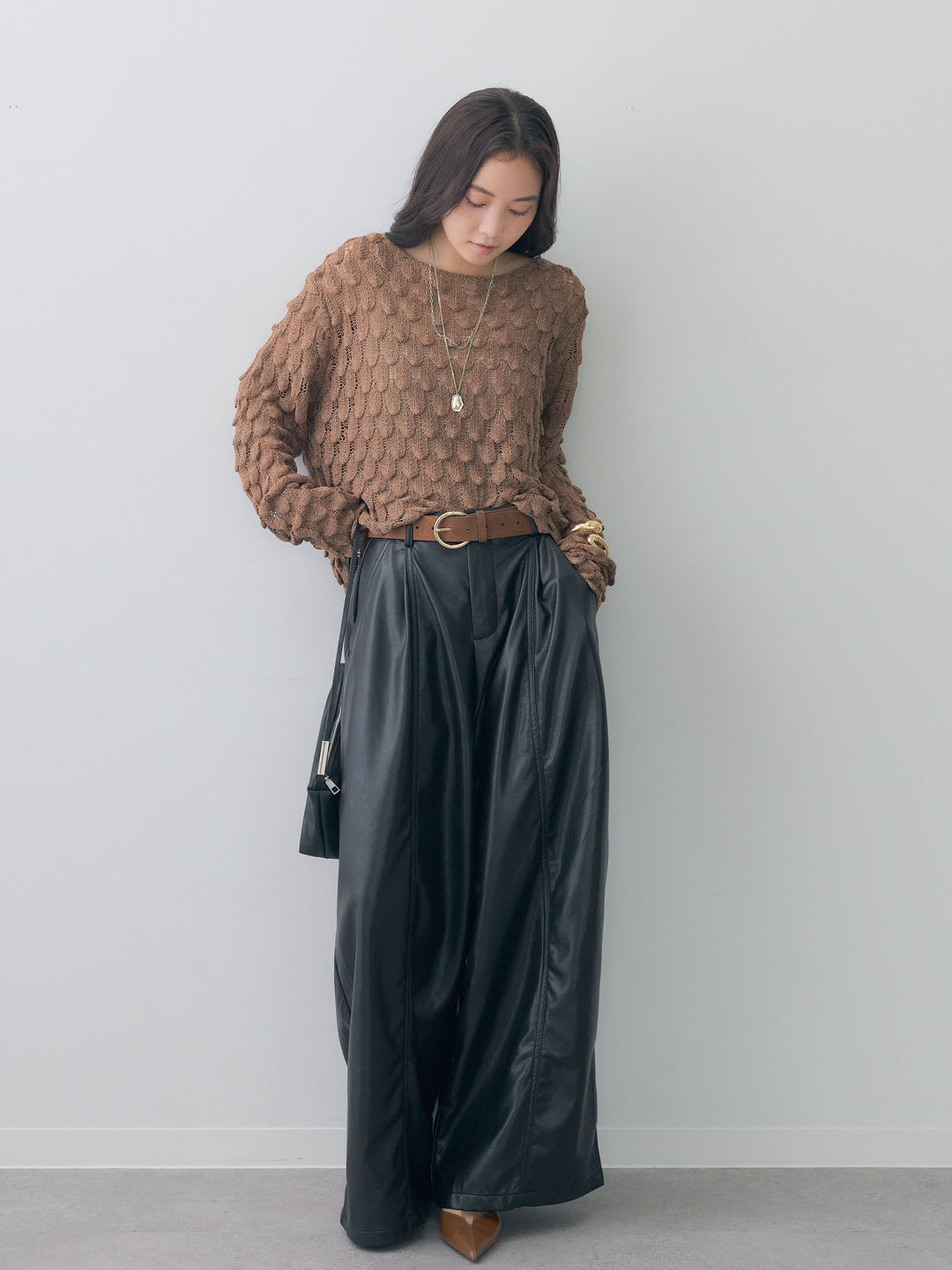 [SET]フェイクレザーワイドパンツ+フェイクレザーワイドパンツ(2set)