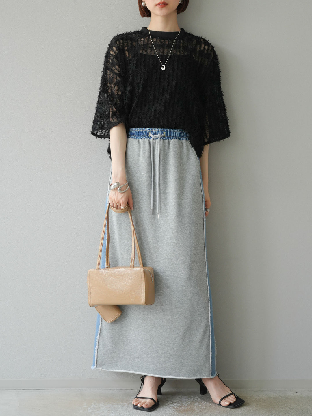 [予約]デニムドッキングスウェットスカート/グレー