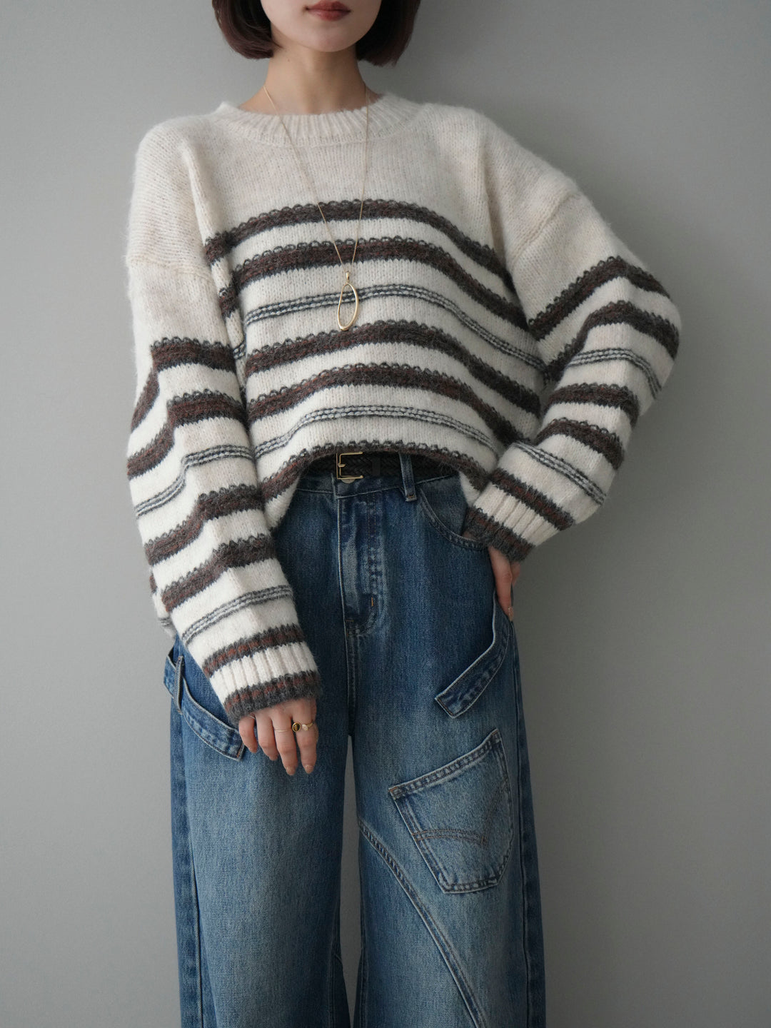 [予約]ステッチボーダーニットプルオーバー/white