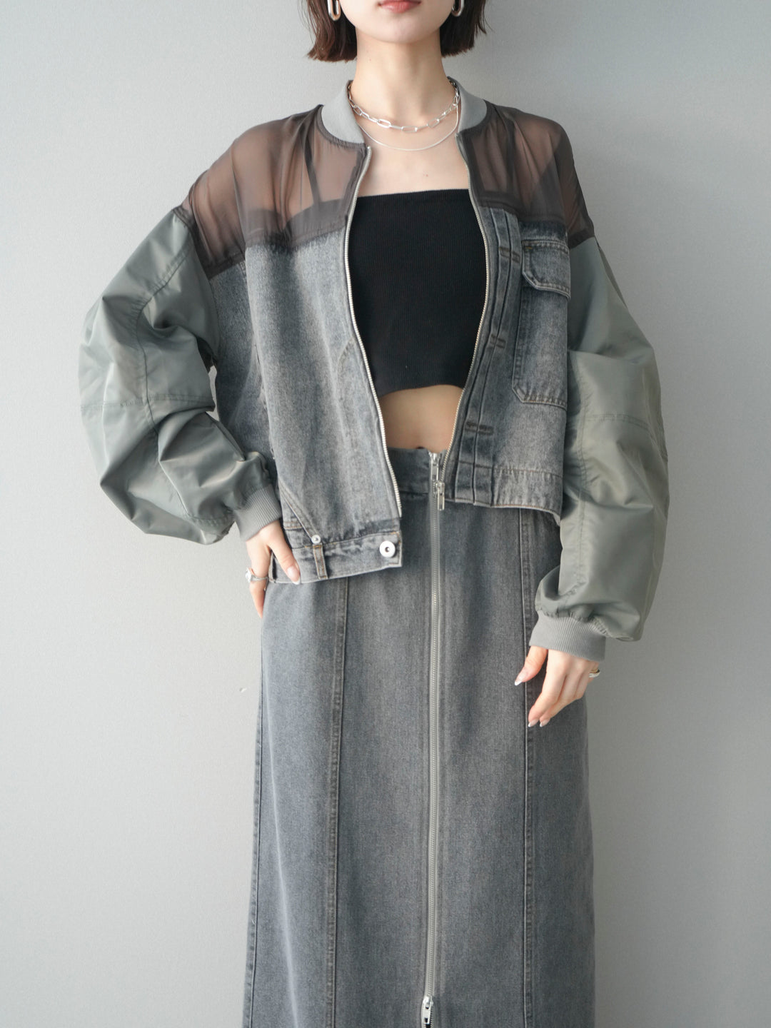 [SET]異素材デニムブルゾン+フロントジップデニムスカート(2set)