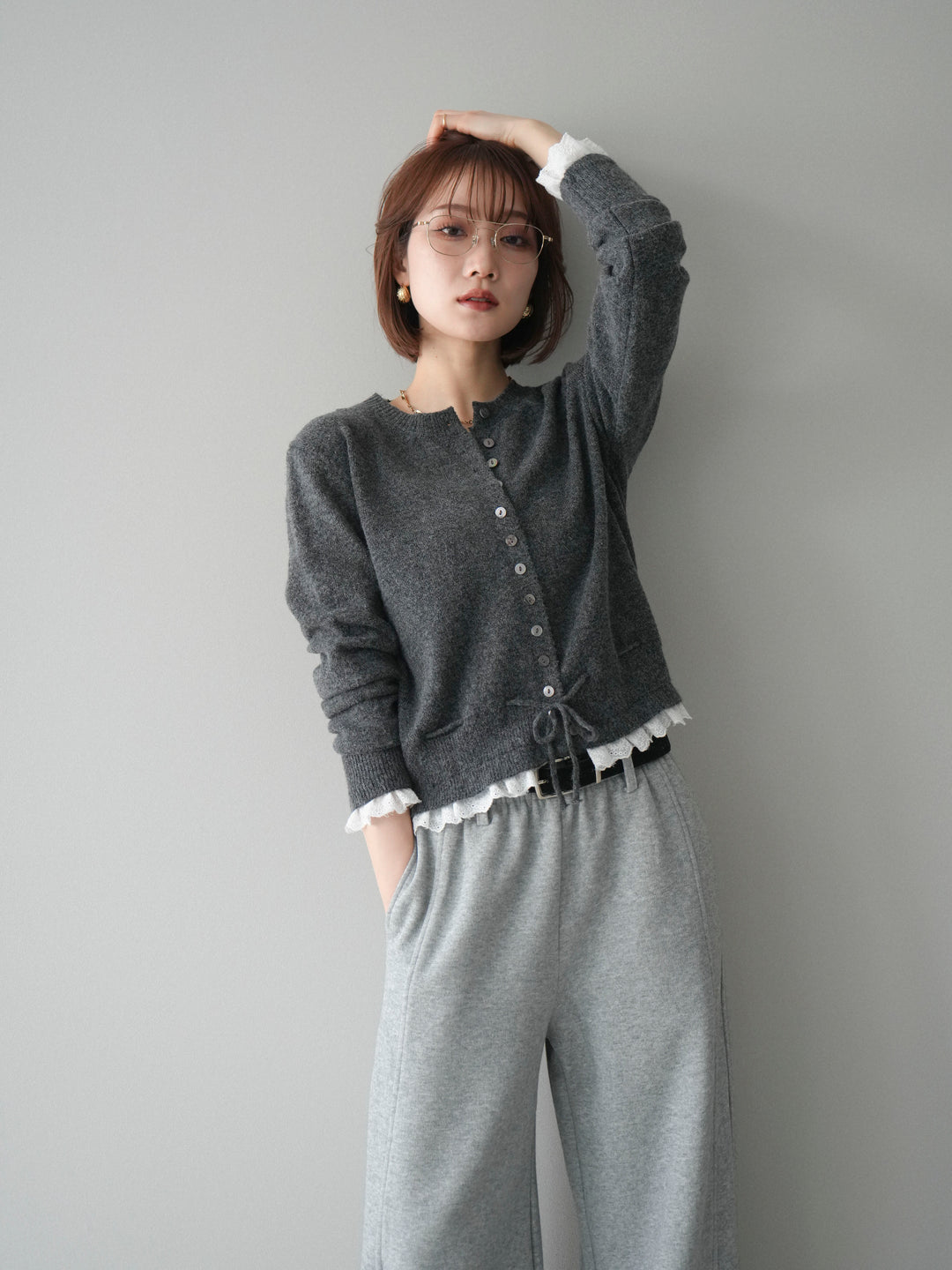 [SET]スカラップレース切り替ニットカーディガン+選べるアクセセット(2set)