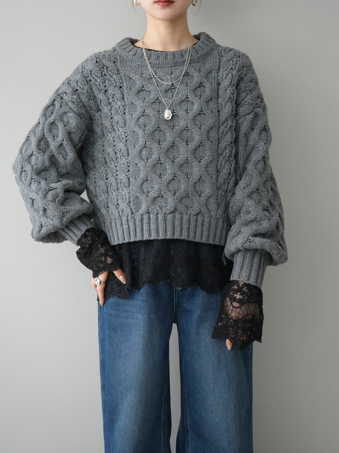 【着回しセット】[SET]バルキーケーブルクロップドニットプルオーバー+アンゴラタッチクルーネックニットプルオーバー+チュールレーストップス(3set)