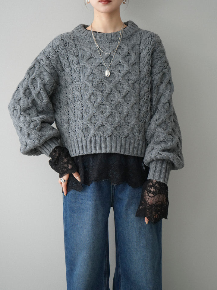 【着回しセット】[SET]バルキーケーブルクロップドニットプルオーバー+アンゴラタッチクルーネックニットプルオーバー+チュールレーストップス(3set)