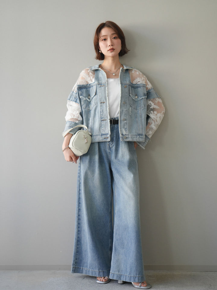 [予約]タックベルトループデニムパンツ/lightblue