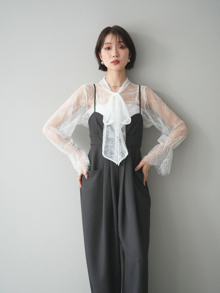 [SET]バックデザインサロペット+リバーレースボウタイトップス(2set)