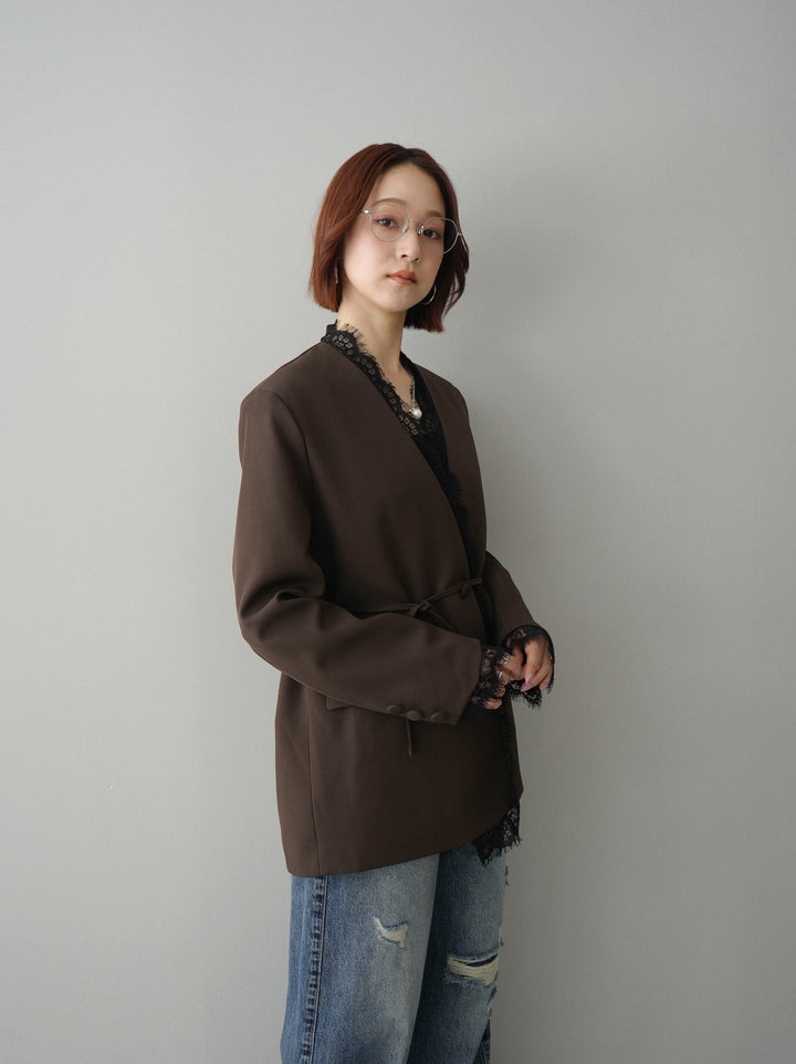 [SET]ノーカラーレースジャケット+ダメージデニムセミワイドパンツ(2set)