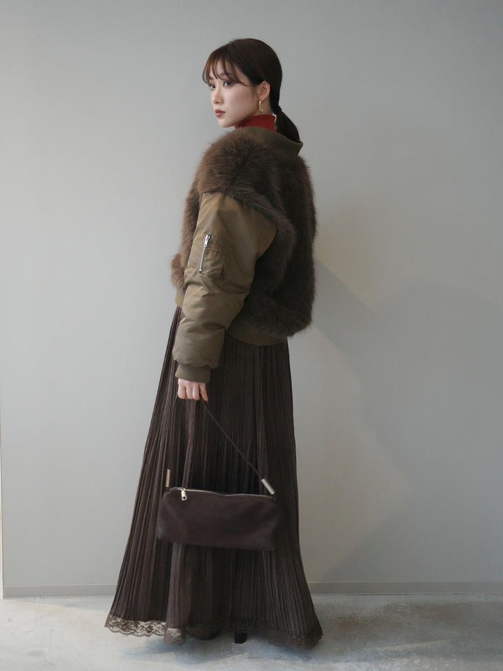 [SET]ファードッキングMA-1+袖ボタンボトルネックリブニットトップス+裾レーススウェードプリーツマキシスカート(3set)