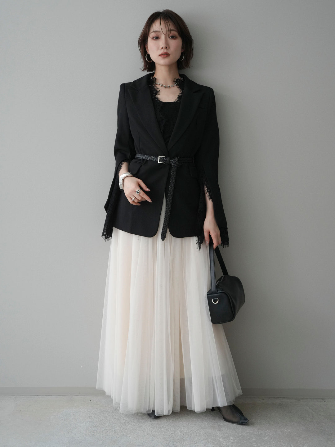 [SET]レースレイヤードスリットジャケット+チュールボリュームスカート(2set)