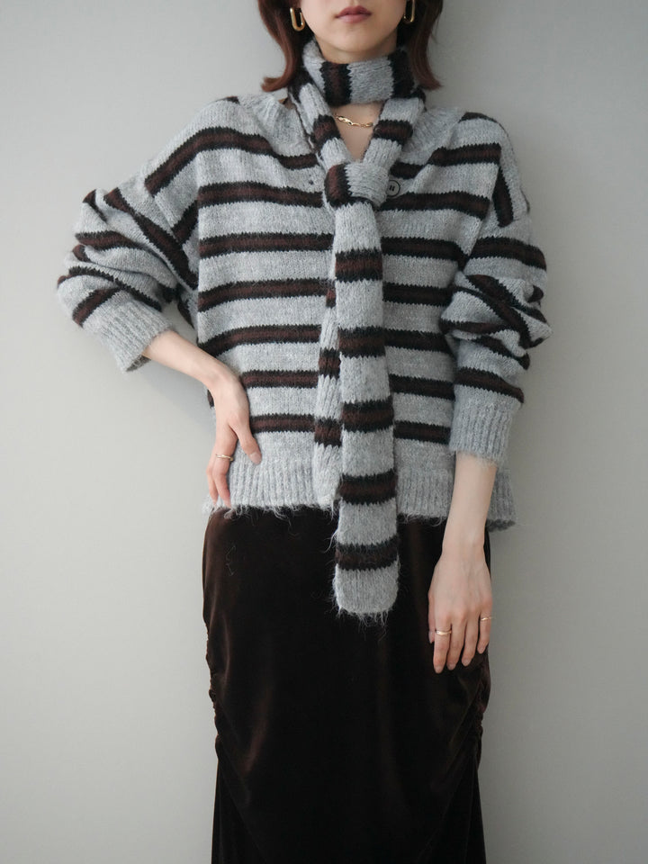 [予約]ボウタイ付きボーダーニットプルオーバー/gray