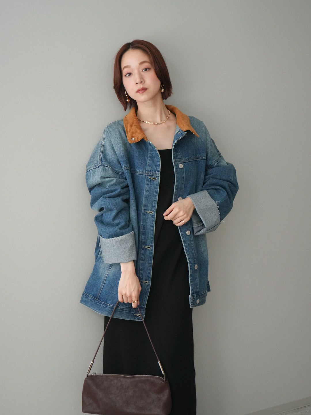 [SET]2WAYニットワンピース+コーデュロイ×デニムミドルジャケット(2set)