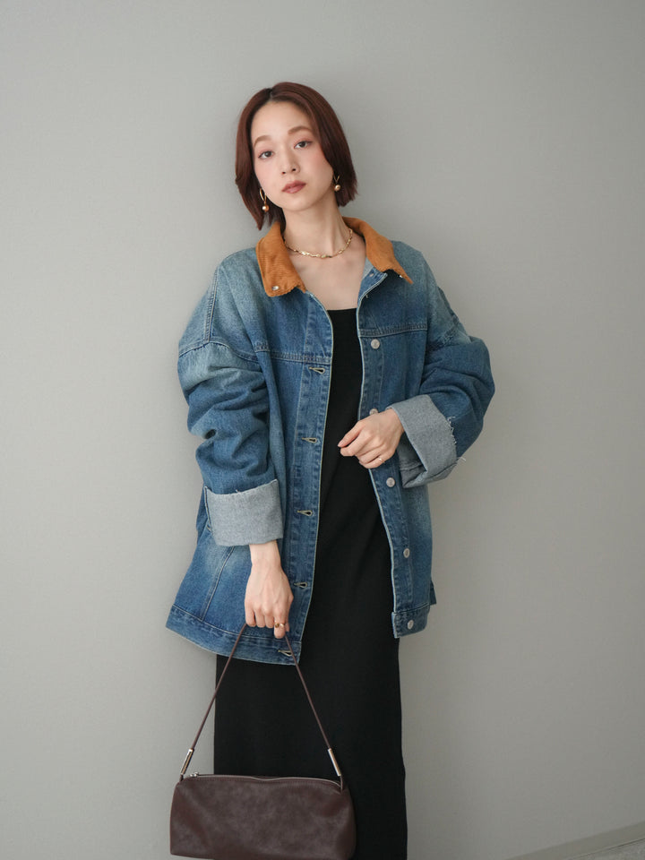 [SET]2WAYニットワンピース+コーデュロイ×デニムミドルジャケット(2set)