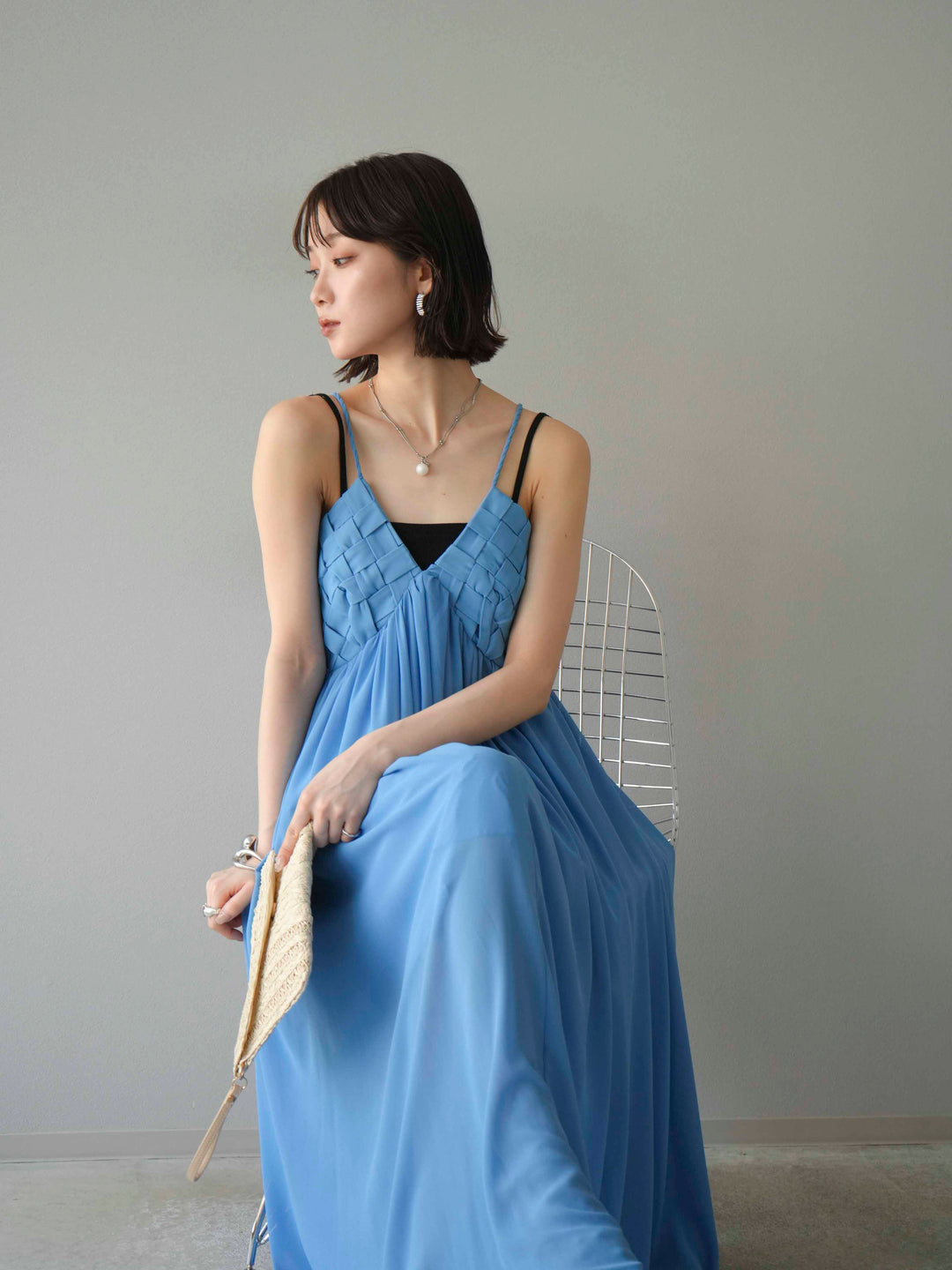 [予約]編み込みデザインシフォンワンピース/ブルー