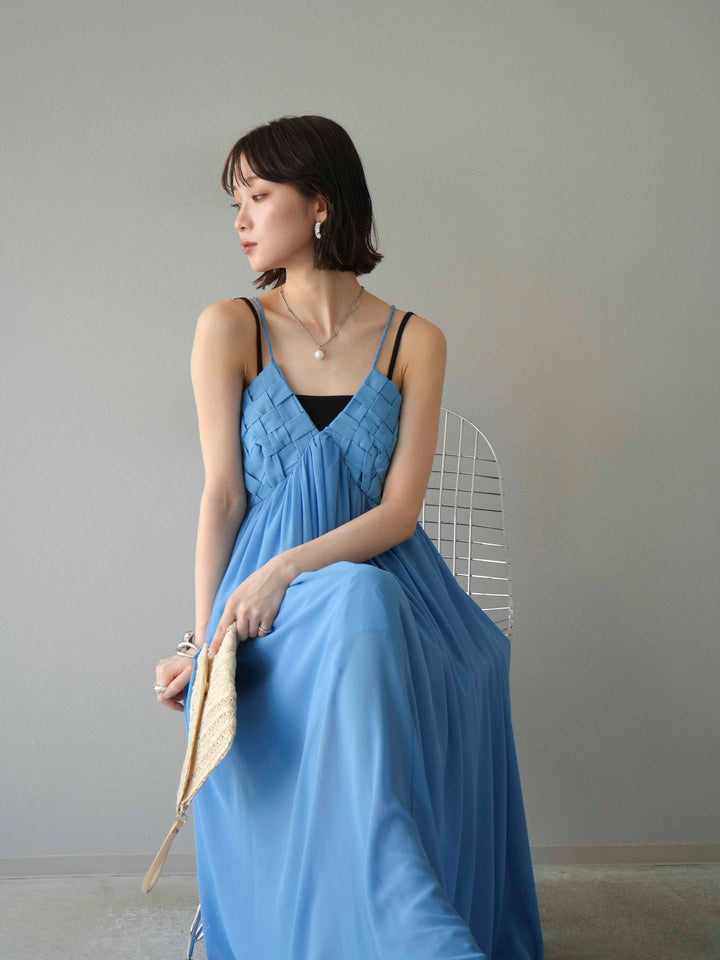 [予約]編み込みデザインシフォンワンピース/ブルー