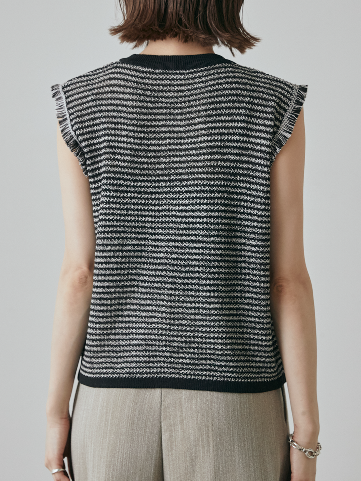 [予約]ボーダー袖フリンジニットベスト/ブラック