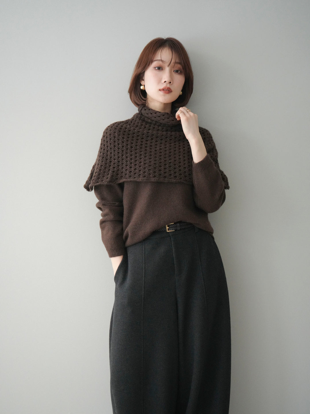 [予約]メッシュケープアンサンブルニットプルオーバー/brown