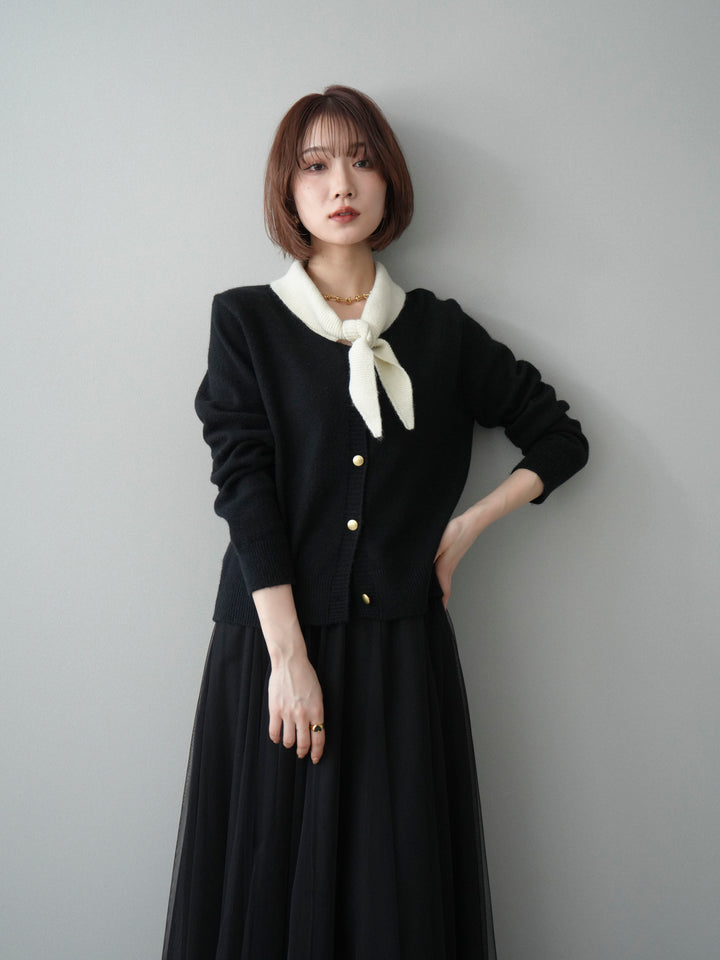 [SET]デザイン襟ニットカーディガン+チュールボリュームスカート(2set)