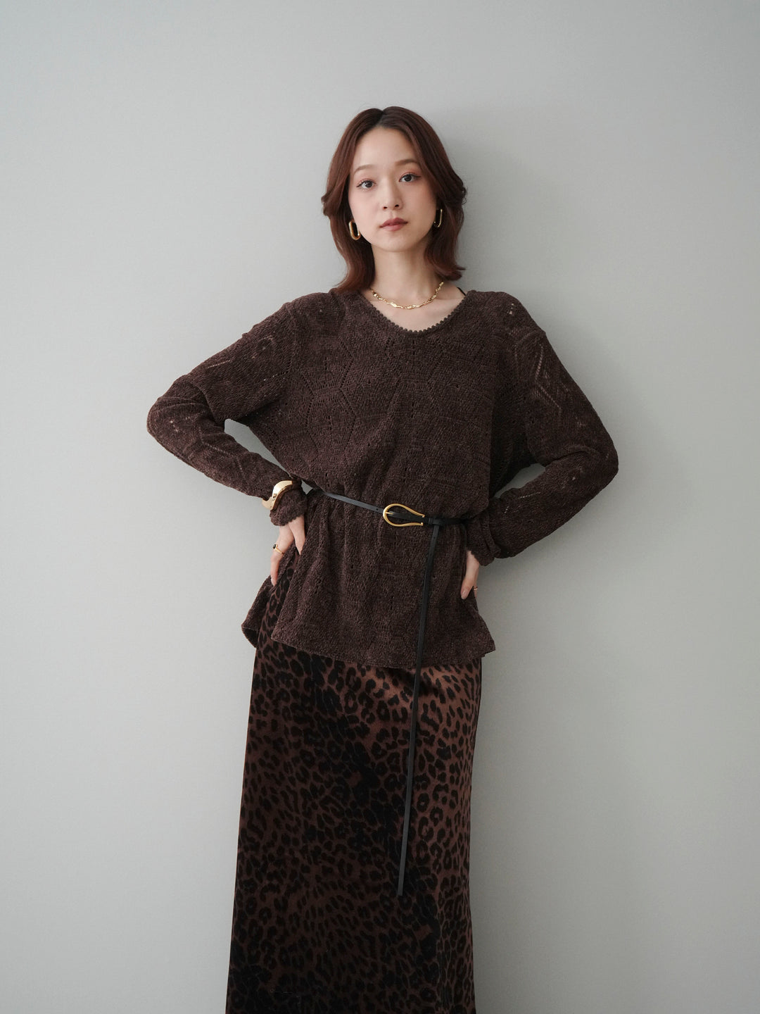 [SET]モール透かし編みニットトップス+レオパードベロアナロースカート(2set)