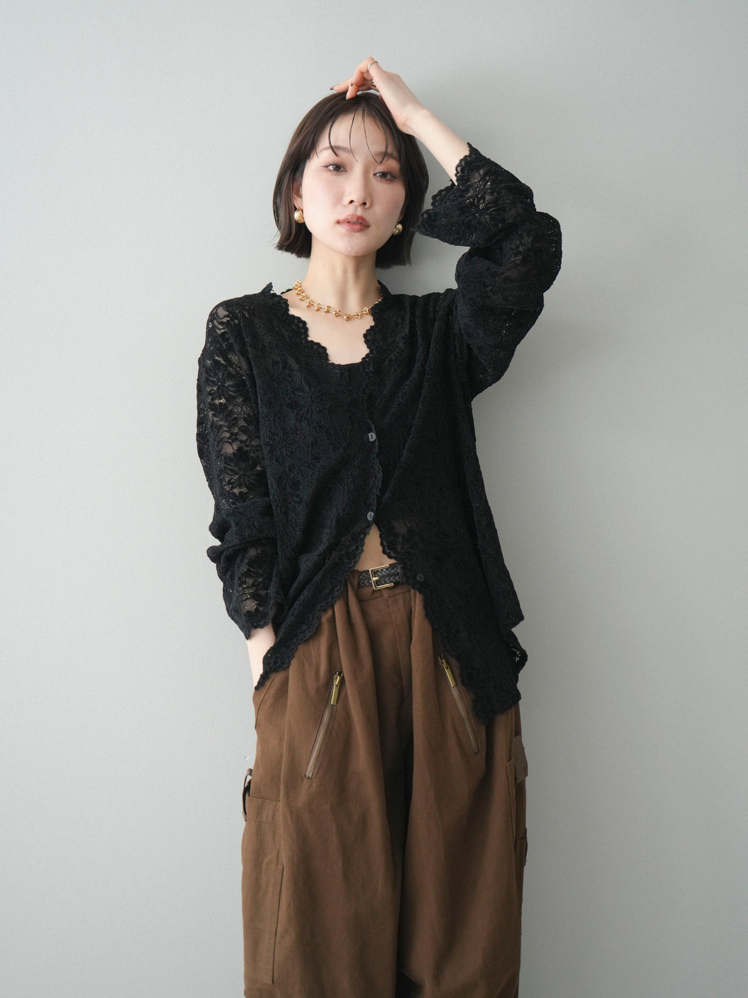 [予約]Vネックレースブラウス/black