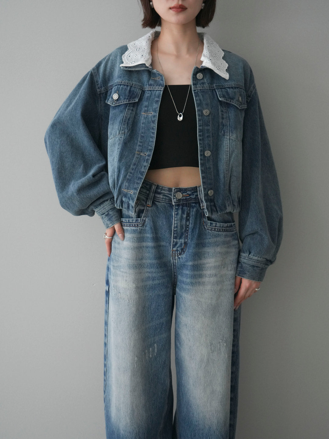 [予約]襟レースデニムショートジャケット/indigo