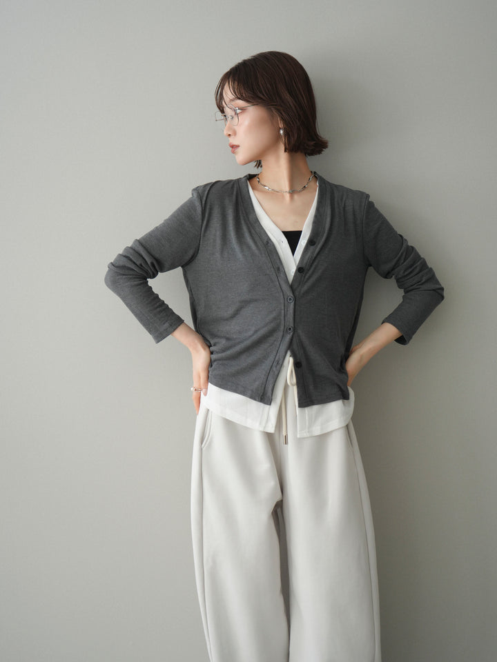 [予約]配色レイヤードカットリブカーディガン/gray
