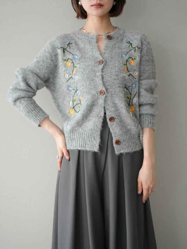 【預購】花朵刺繡針織開襟衫 / 灰色