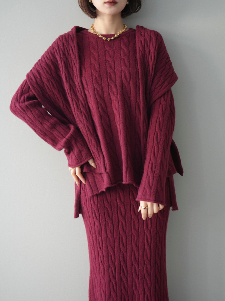 [SET]ストール付ケーブルニットプルオーバー&ロングスカートSET UP+選べるアクセセット(2set)