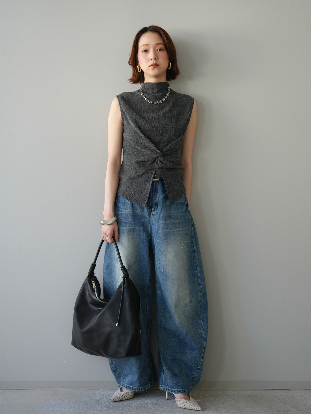 [予約]ベルト付ペイント加工カーブデニムパンツ/blue