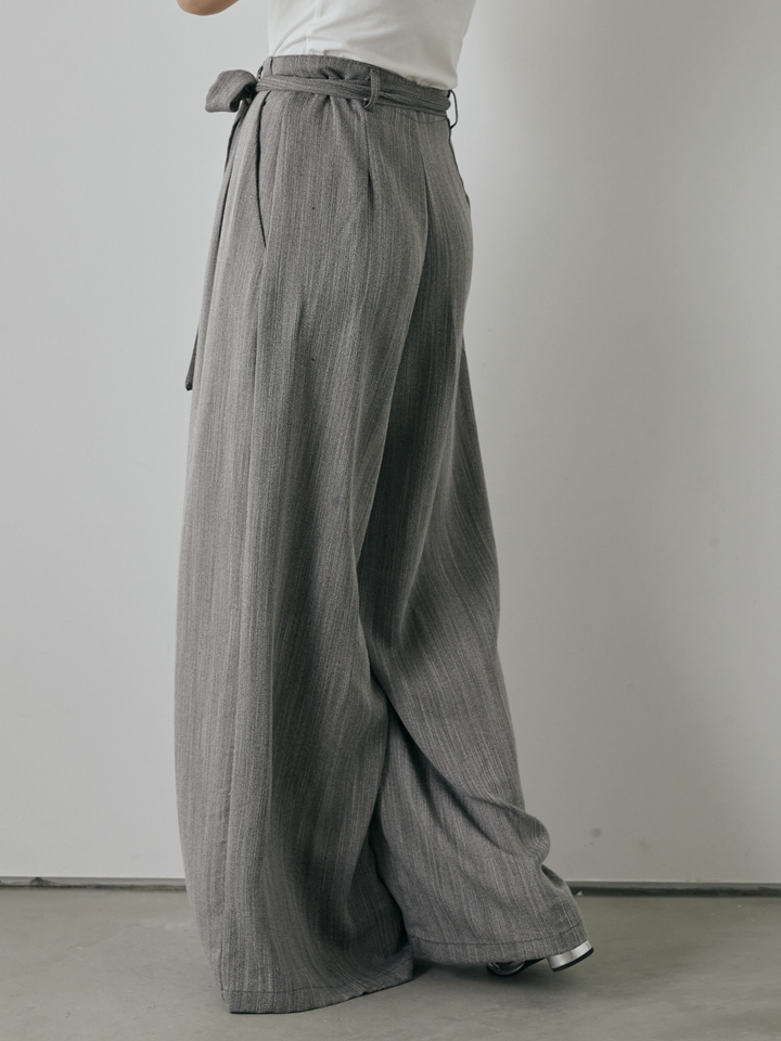 【預購】仿麻腰帶寬褲/灰色