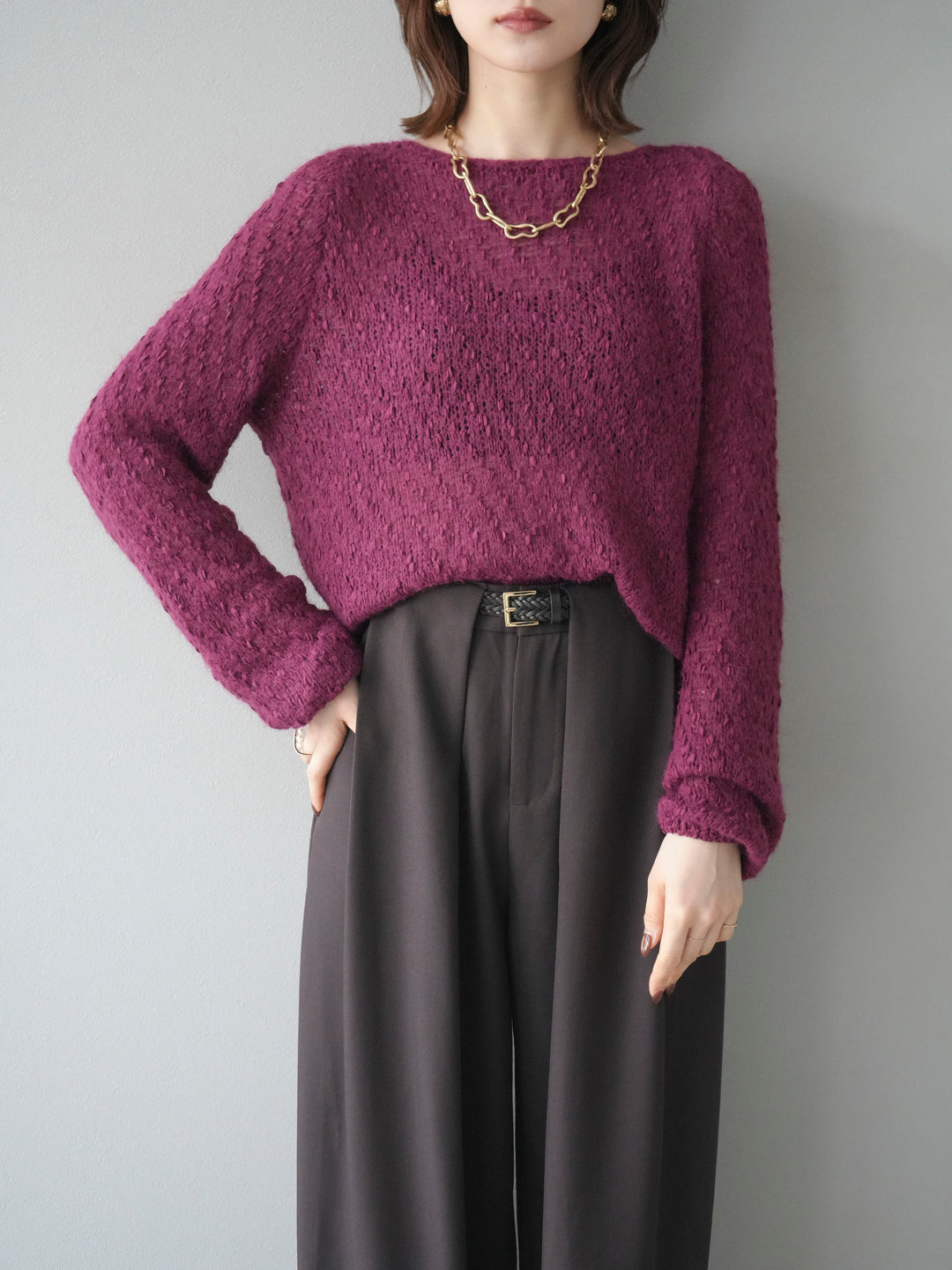 【着回しセット】[SET]求心柄クロップドニットカーディガン+異素材ミックスヤーンニットプルオーバー+ベルトループデザインワイドパンツ(3set)