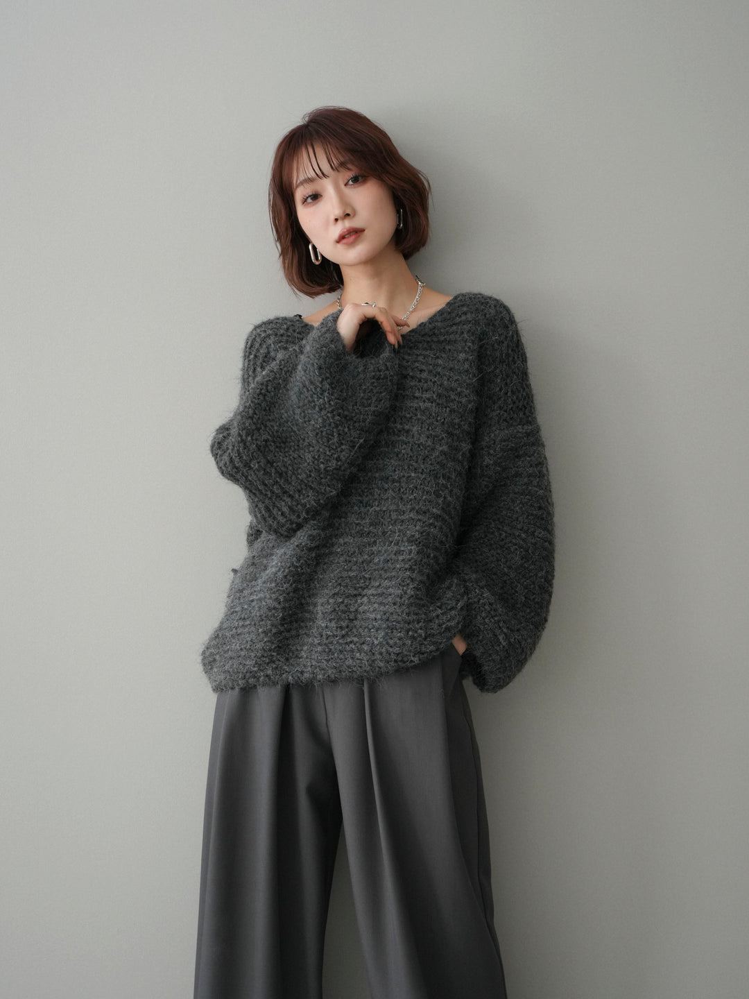 [予約]ワッフル編みシャギーニットプルオーバー/gray