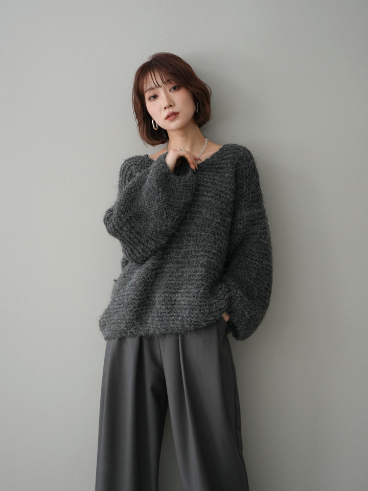 [予約]ワッフル編みシャギーニットプルオーバー/gray