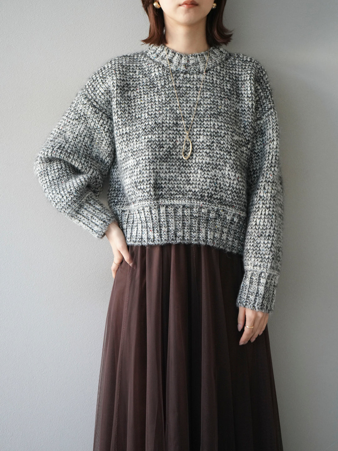[予約]ボリュームスリーブミックスネップニットプルオーバー/gray