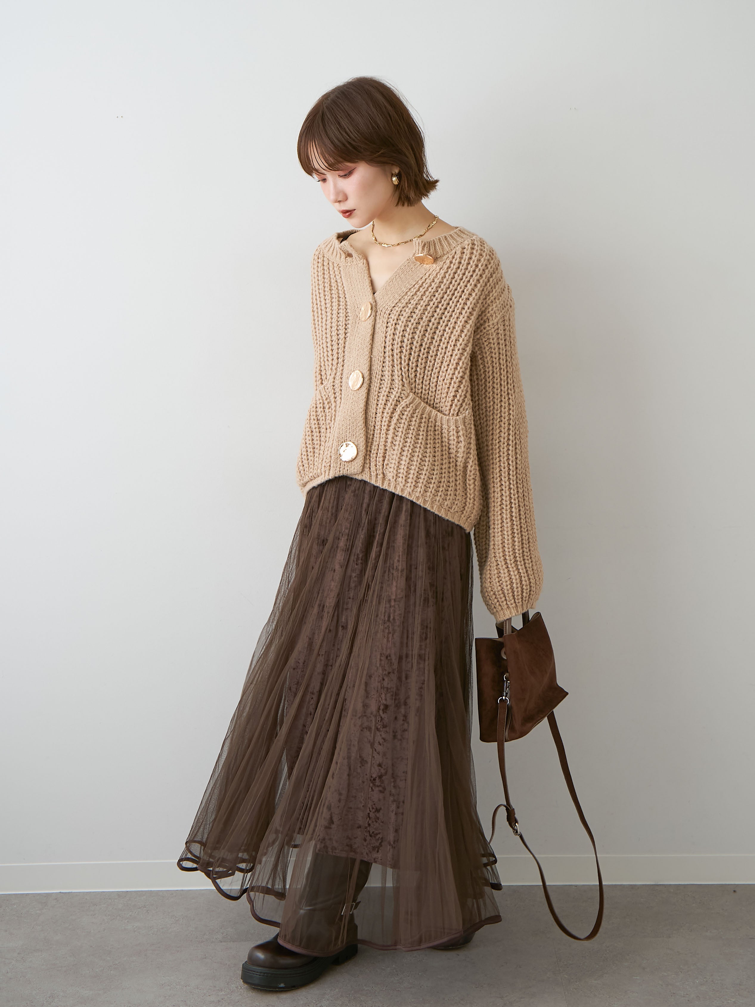 予約]ベロアレイヤードチュールフレアスカート/brown – Lumier