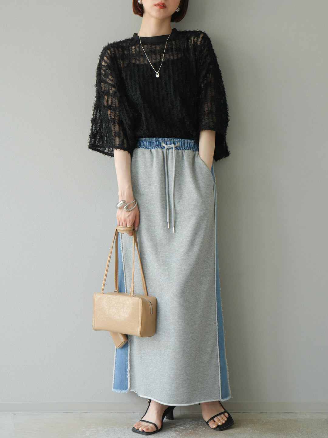 [予約]デニムドッキングスウェットスカート/グレー