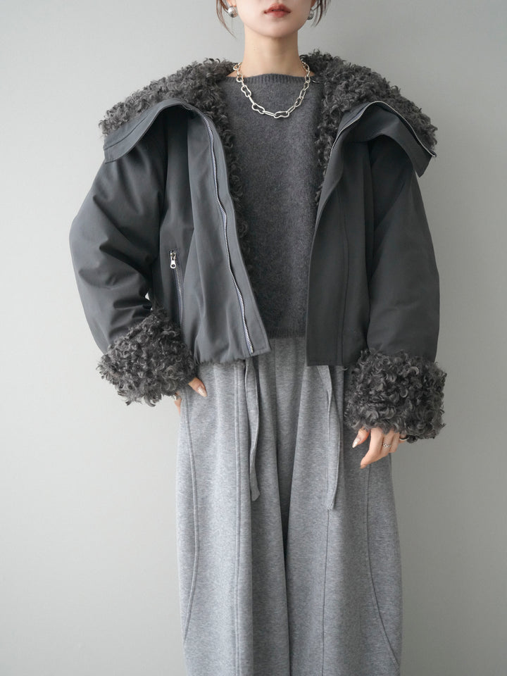 [SET]プードルファーダウンジャケット+アンゴラタッチボートネッククロップドプルオーバー+ウエストベルトカーブラインスエットパンツ(3set)