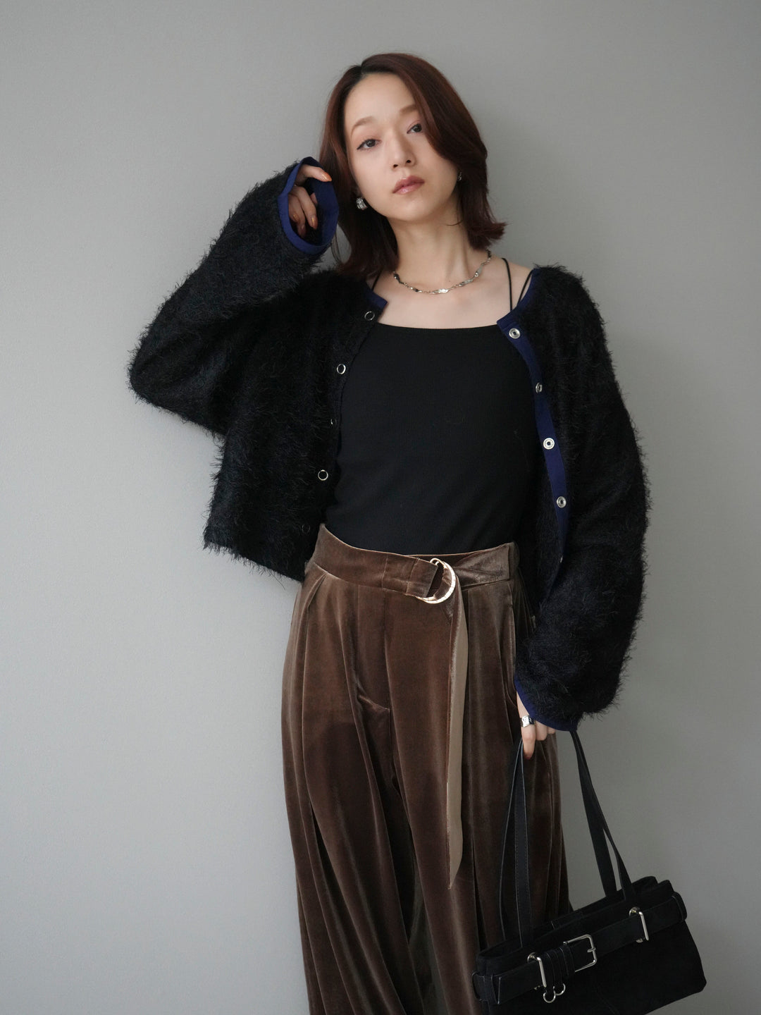 [予約]バイカラー2WAYシャギーニットカーディガン/black