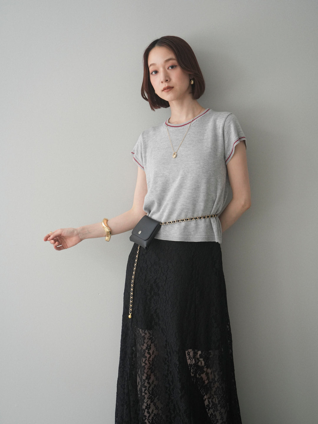 [SET]配色ハーフスリーブニットトップス+選べるアクセセット(2set)