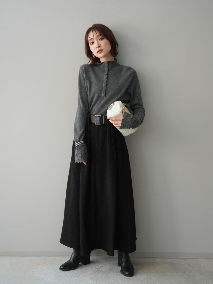 [SET]袖スカラップレースフロントボタンウールニットトップス+ベルト付きベルトループスカート(2set)