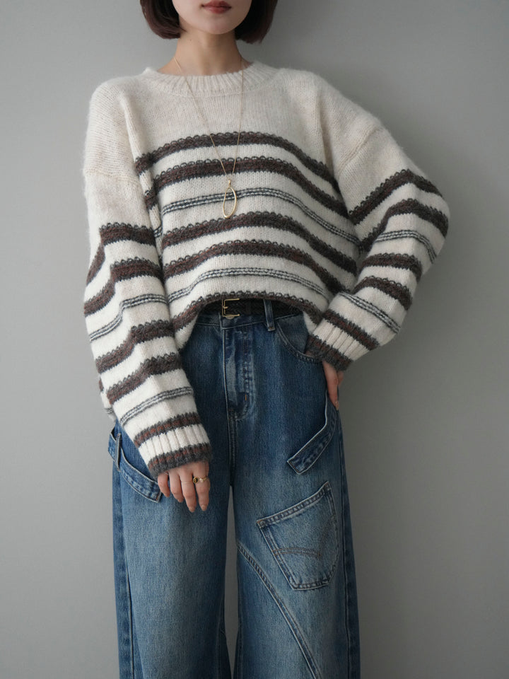 [SET]ステッチボーダーニットプルオーバー+ペインターカーブデニムパンツ(2set)