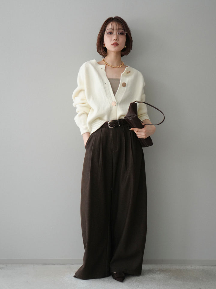 [SET]BIGボタンニットカーディガン+アニマル柄ベルト付きウールタッチワイドパンツ(2set)