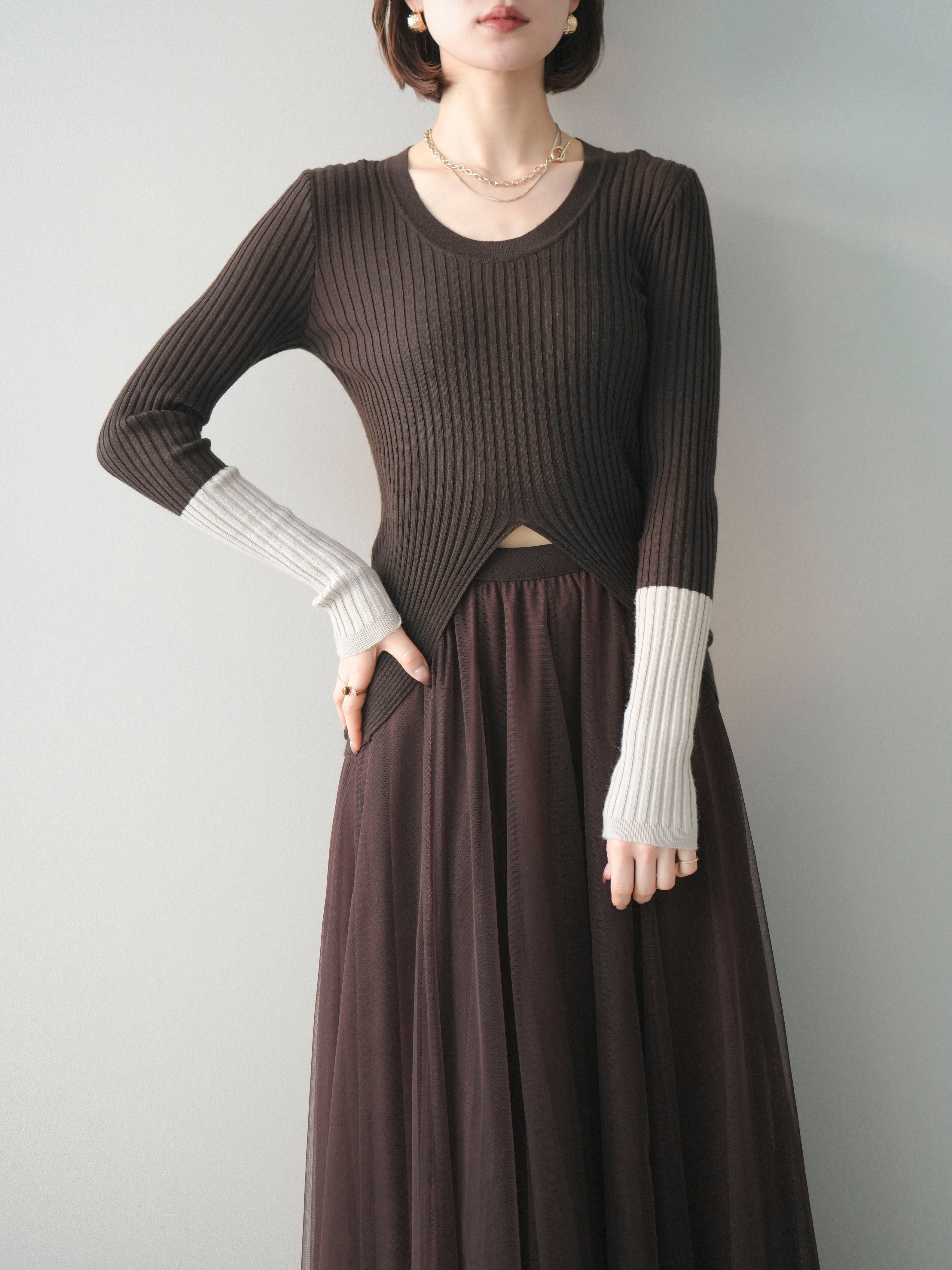 予約]袖配色ランダムリブフロントスリットニットトップス/brown – Lumier