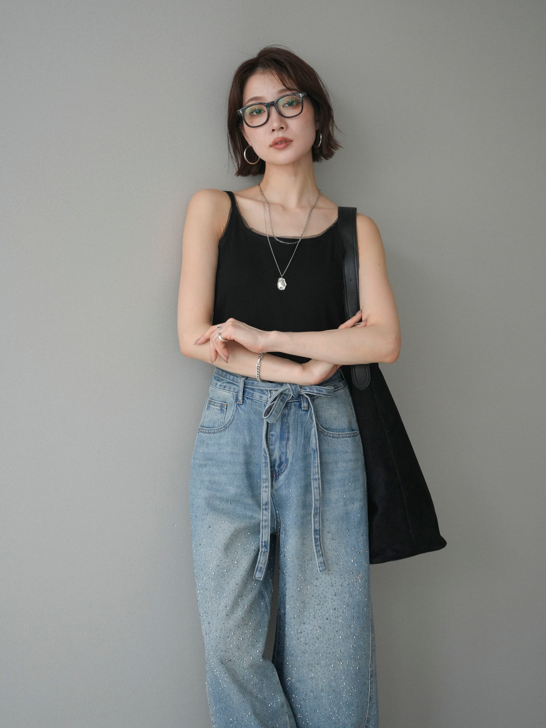 [予約]カップ付リブチュールタンク/black
