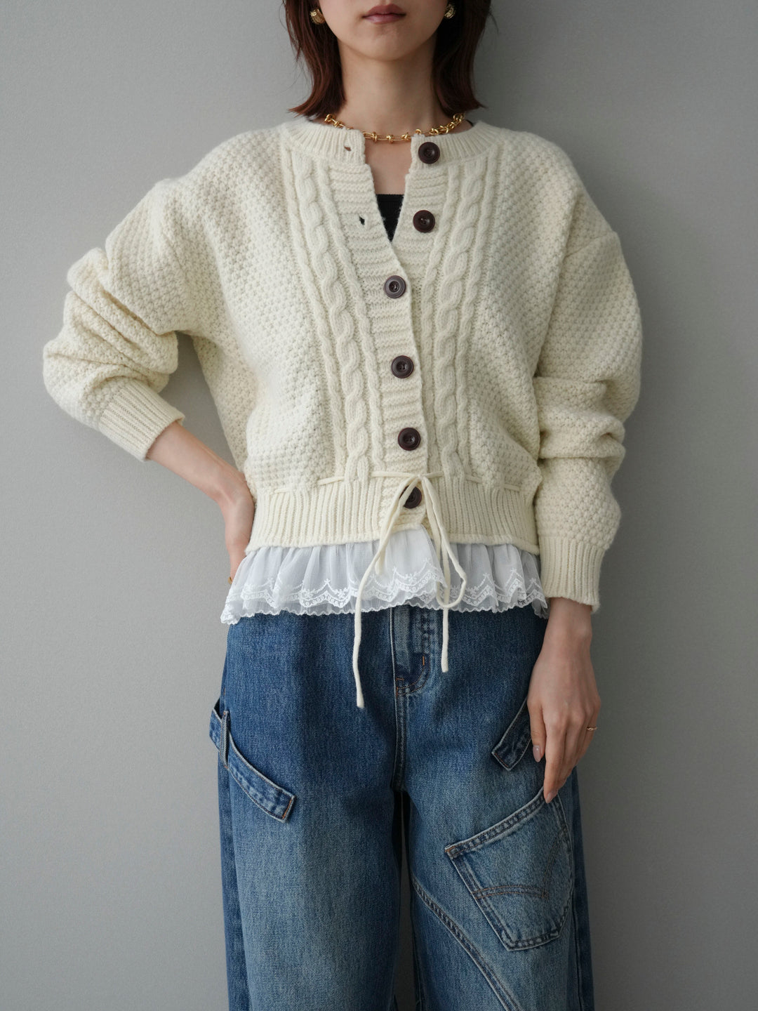 [SET]裾レースケーブルニットカーディガン+ペインターカーブデニムパンツ(2set)