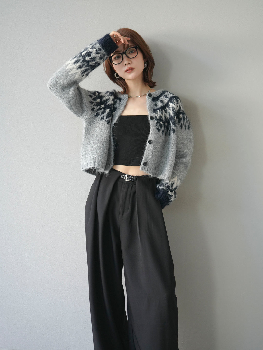 【着回しセット】[SET]求心柄クロップドニットカーディガン+異素材ミックスヤーンニットプルオーバー+ベルトループデザインワイドパンツ(3set)